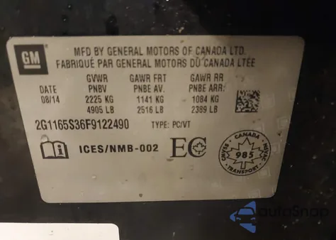 2015 Chevrolet Impala 2Lz z USA, uszkodzony, nr VIN 2G1165S36F9122490